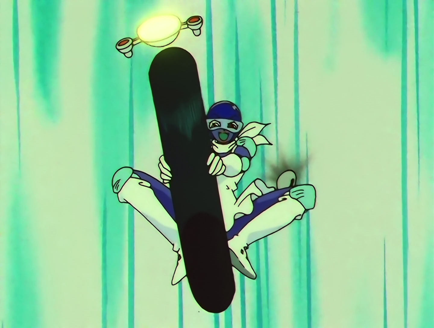 It’s Autobiko again, this time seen from the front and further away. We see the large wheel from the front, with Autobiko riding it while leaning out of it. One detail I appreciate is the headlight, which is just hovering at the front of the wheel.